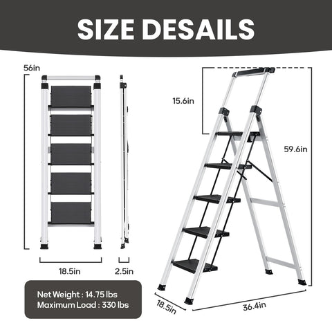 XinSunho 5-step ladder extended to reach high shelves.