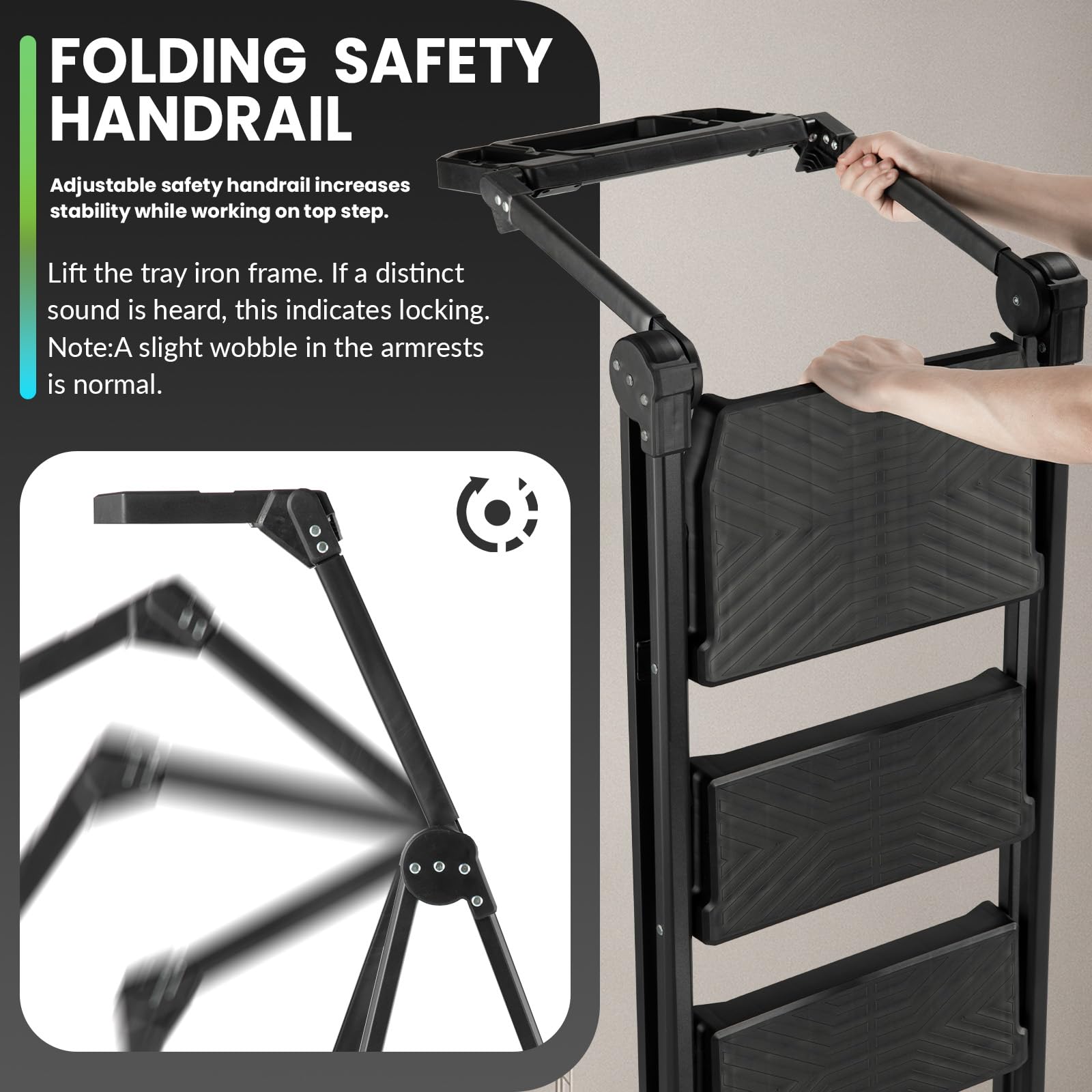 XinSunho ladder with tool tray keeps essentials at hand during tasks.