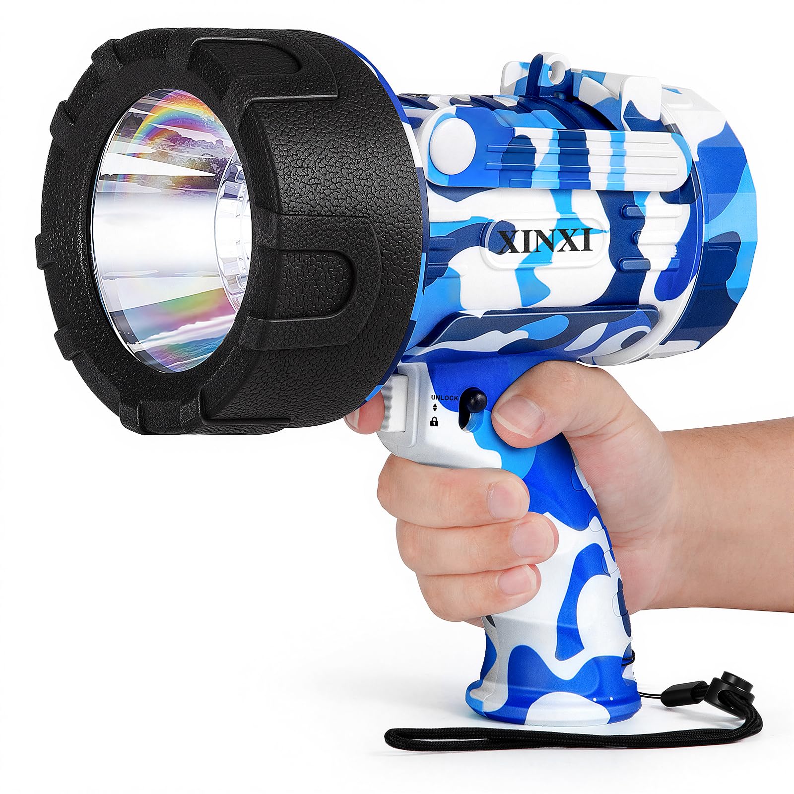 XINXI Rechargeable Spotlight with 1,000,000-lumen beam for long-range outdoor visibility.