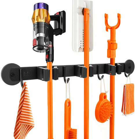 Xiuouix magnetic broom holder on metal surface with four hooks for organized tools
