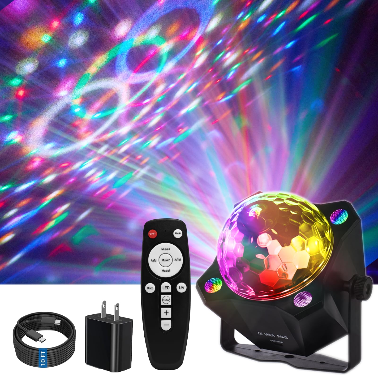 XJXTC disco ball beams and strobe effects create dynamic room illumination.