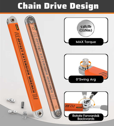XKONE offset extension wrench with 1/2 drive adapter for engine access