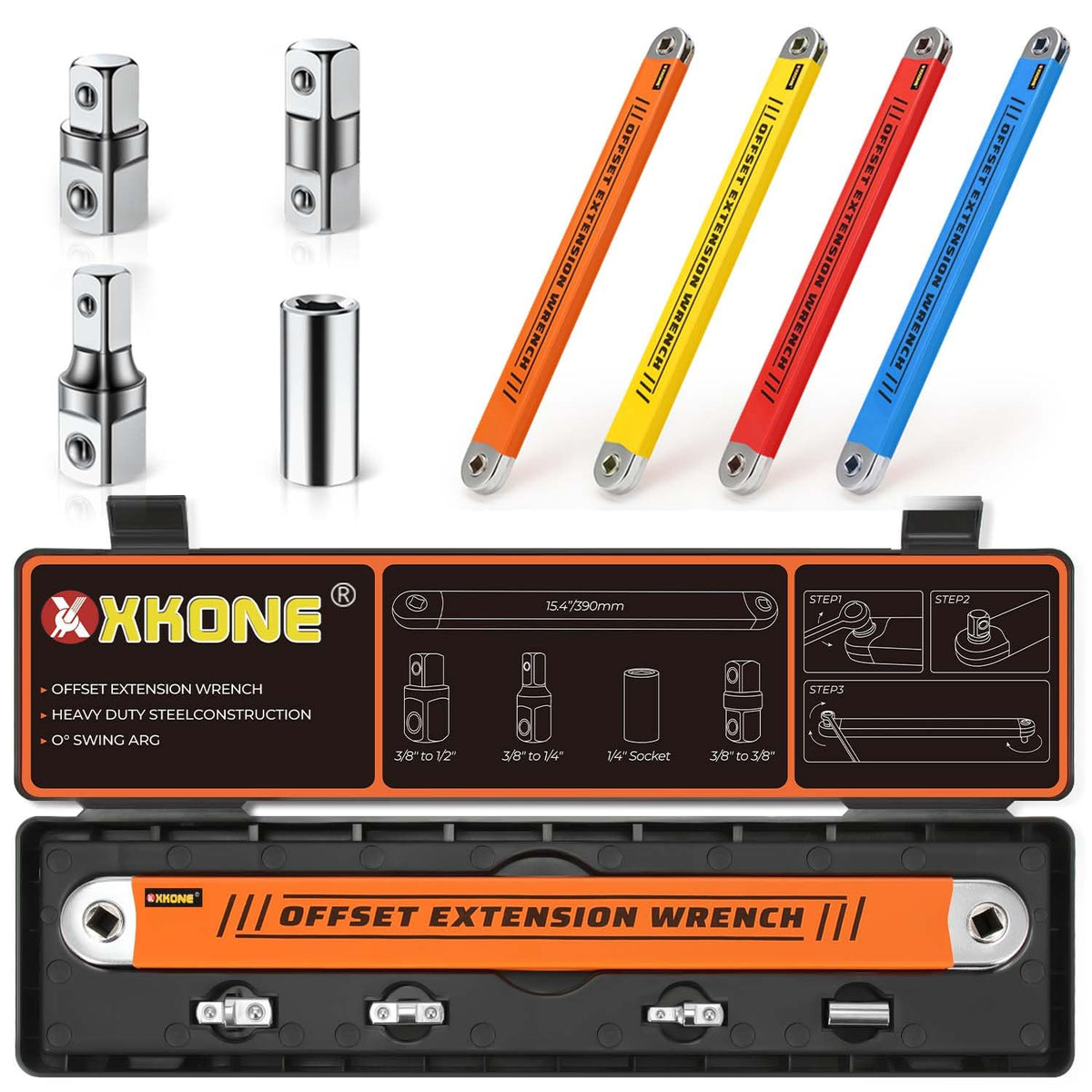 XKONE offset extension wrench with 1/4 socket for tight-space fastening