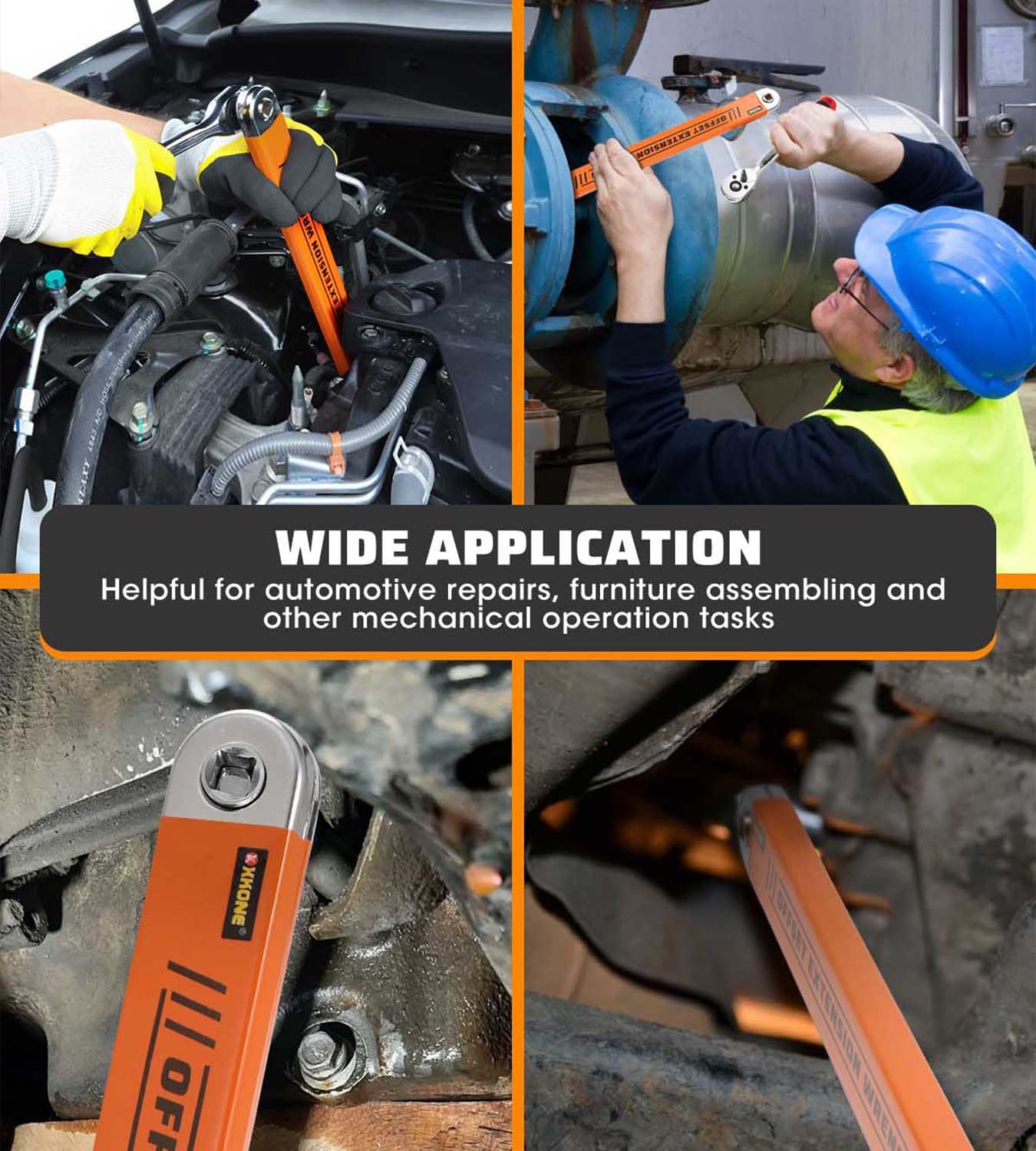 XKONE offset extension wrench in under-hood use with slim profile for tight bolts