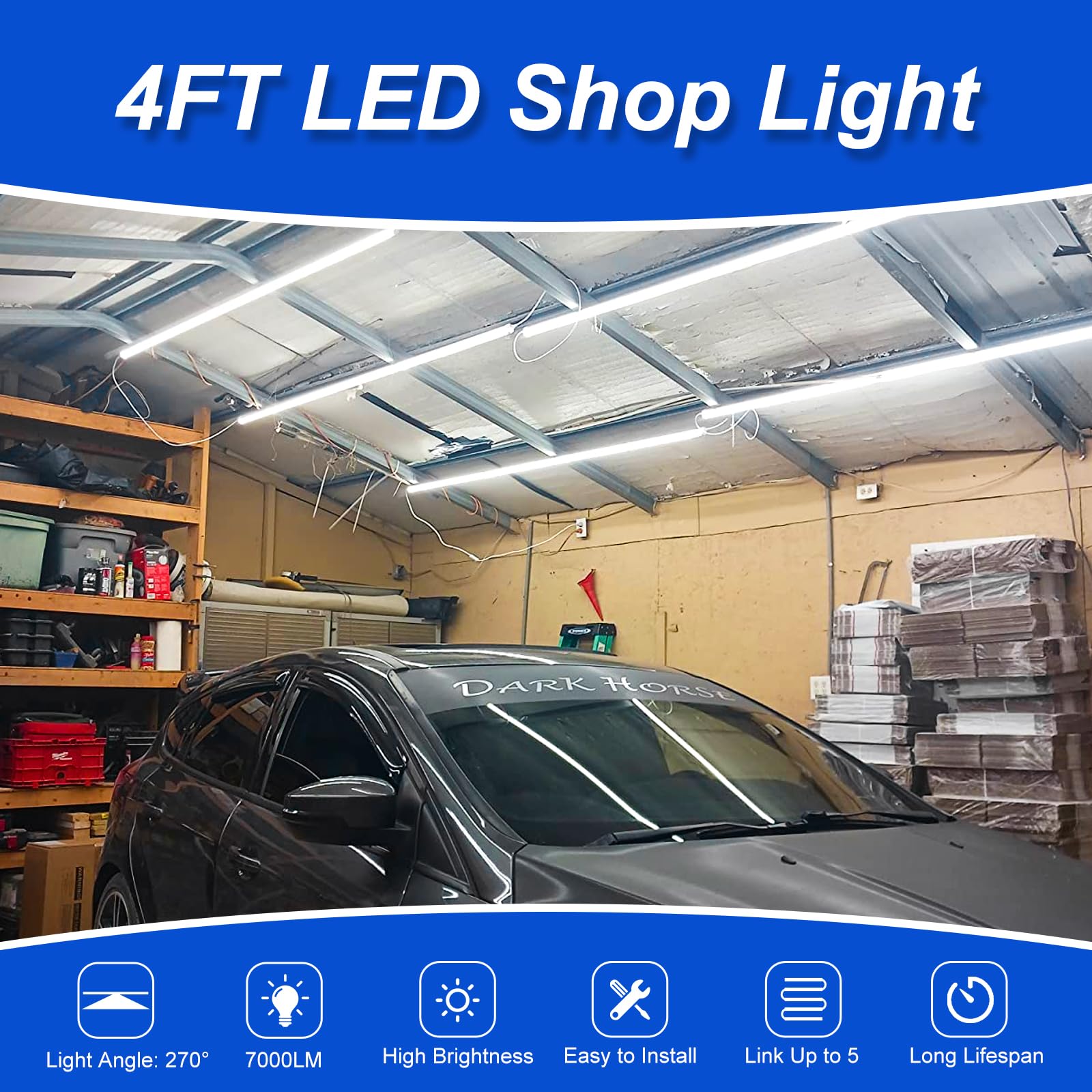XLNYUUI 4ft shop light with plug-and-play cords for easy installation.