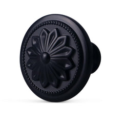 Xlroaafs matte black round knob with floral design for elegant cabinetry.