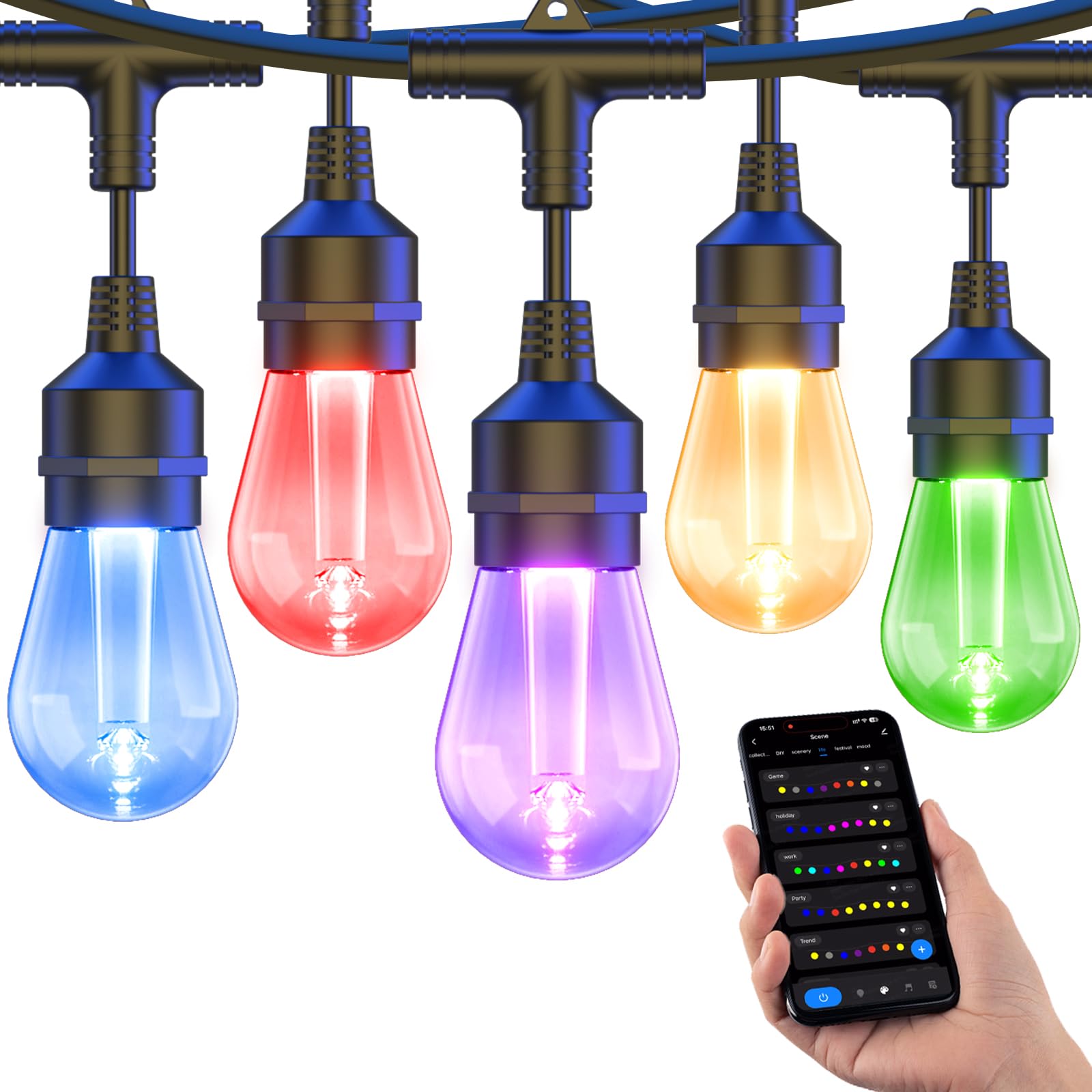 XMCOSY+ 98ft outdoor string lights illuminate patios with a warm, inviting glow.