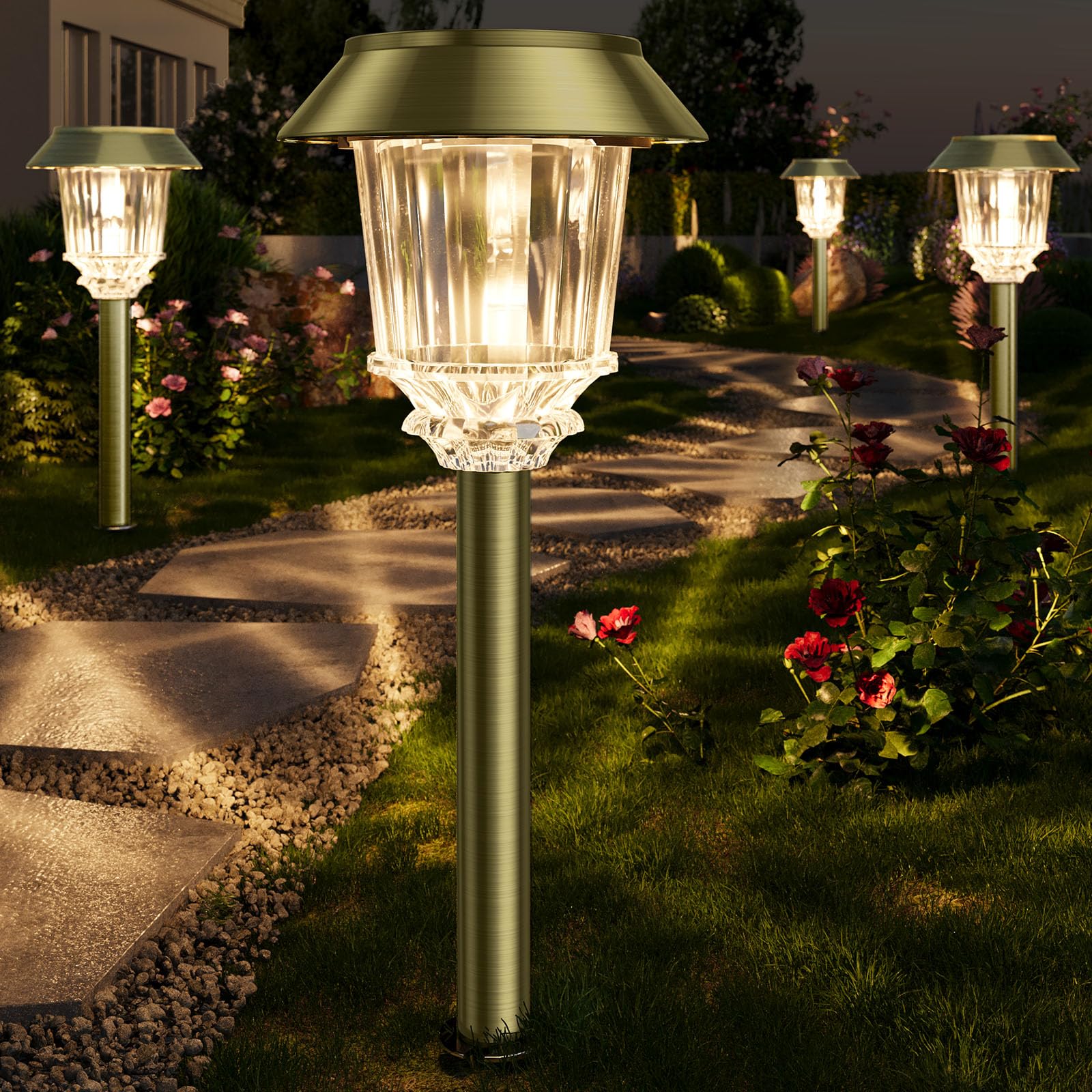 XMCOSY+ bronze outdoor solar pathway lights illuminating a stone path at dusk