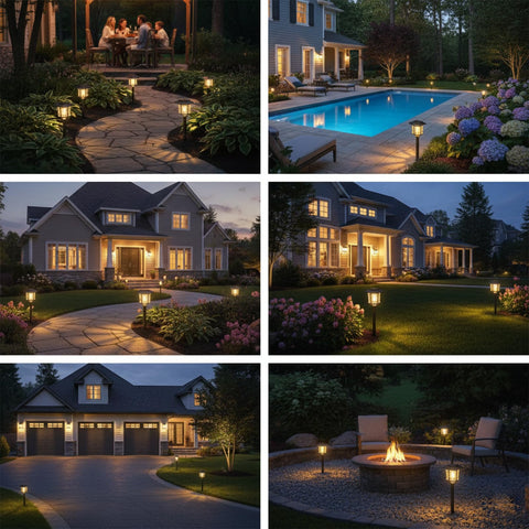 XMCOSY warm-white landscape light adds ambient glow to garden beds.