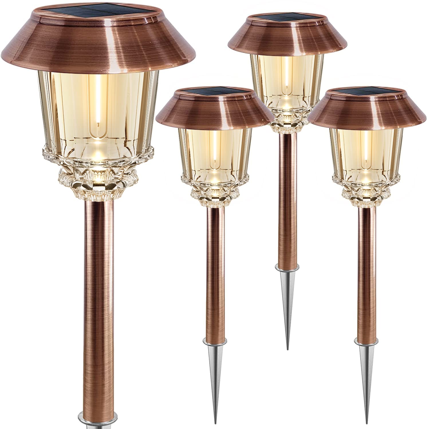 XMCOSY+ solar lights outdoor waterproof 4-pack front view for enhanced yard visibility at night
