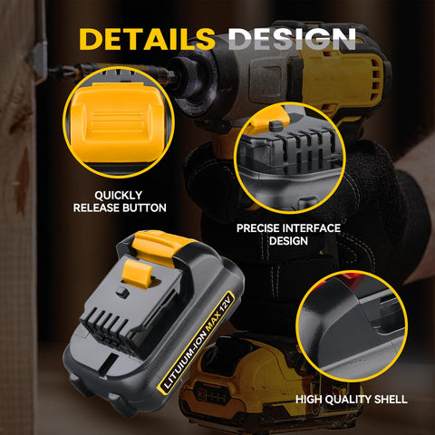 Xmenany 12V charger compatibility image demonstrating quick top-ups for Dewalt systems.