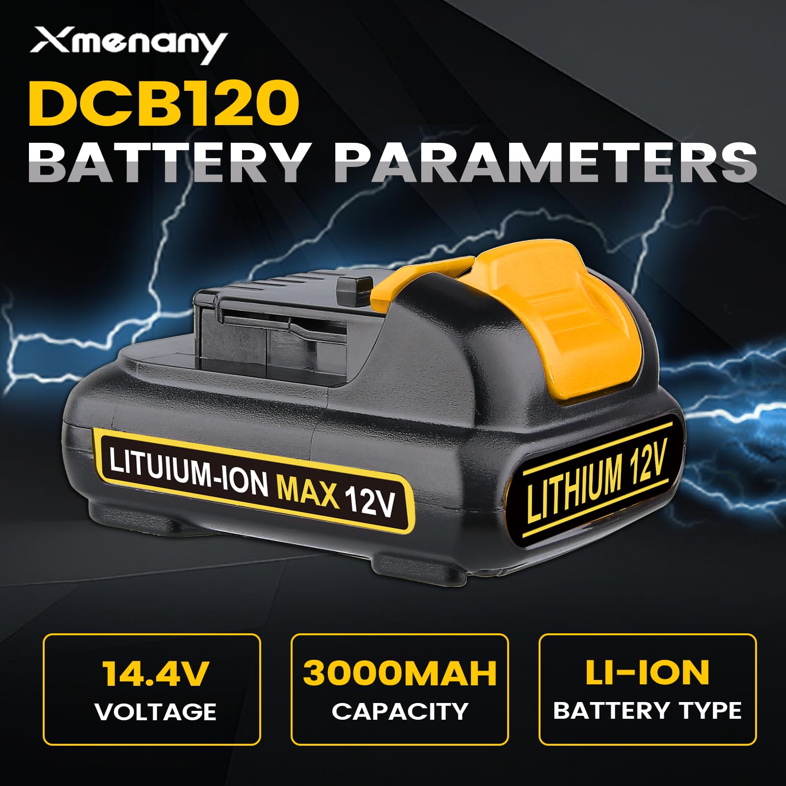Xmenany DCB120 battery closeup highlights durable lithium‑ion construction for reliable power.