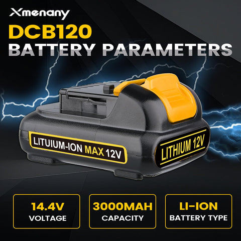Xmenany DCB120 battery closeup highlights durable lithium‑ion construction for reliable power.