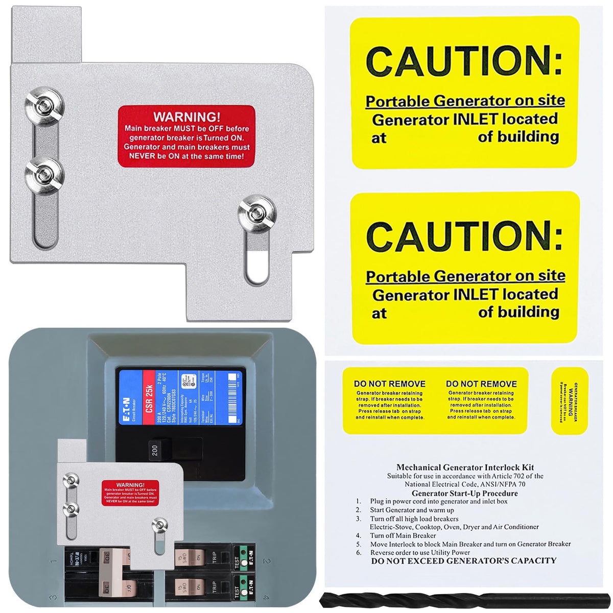 XMK generator interlock kit for Eaton CH panel, front view, enabling safe backfeeding.
