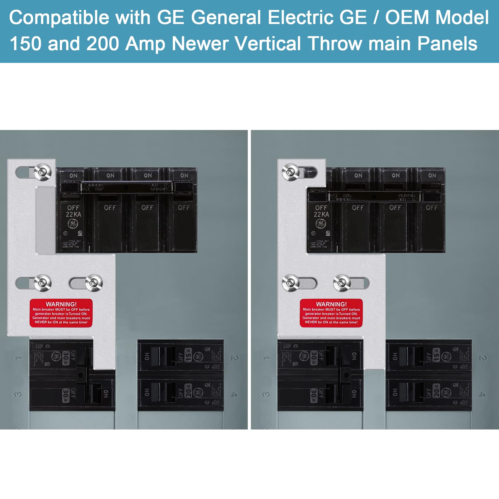 XMK interlock kit assembly on GE panel shows compatibility with 150A/200A systems.