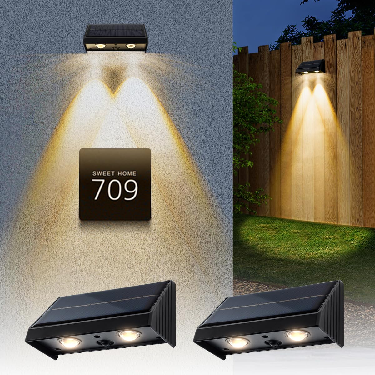 XmnSoly solar downlight on fence and wall delivers warm 3000K illumination.
