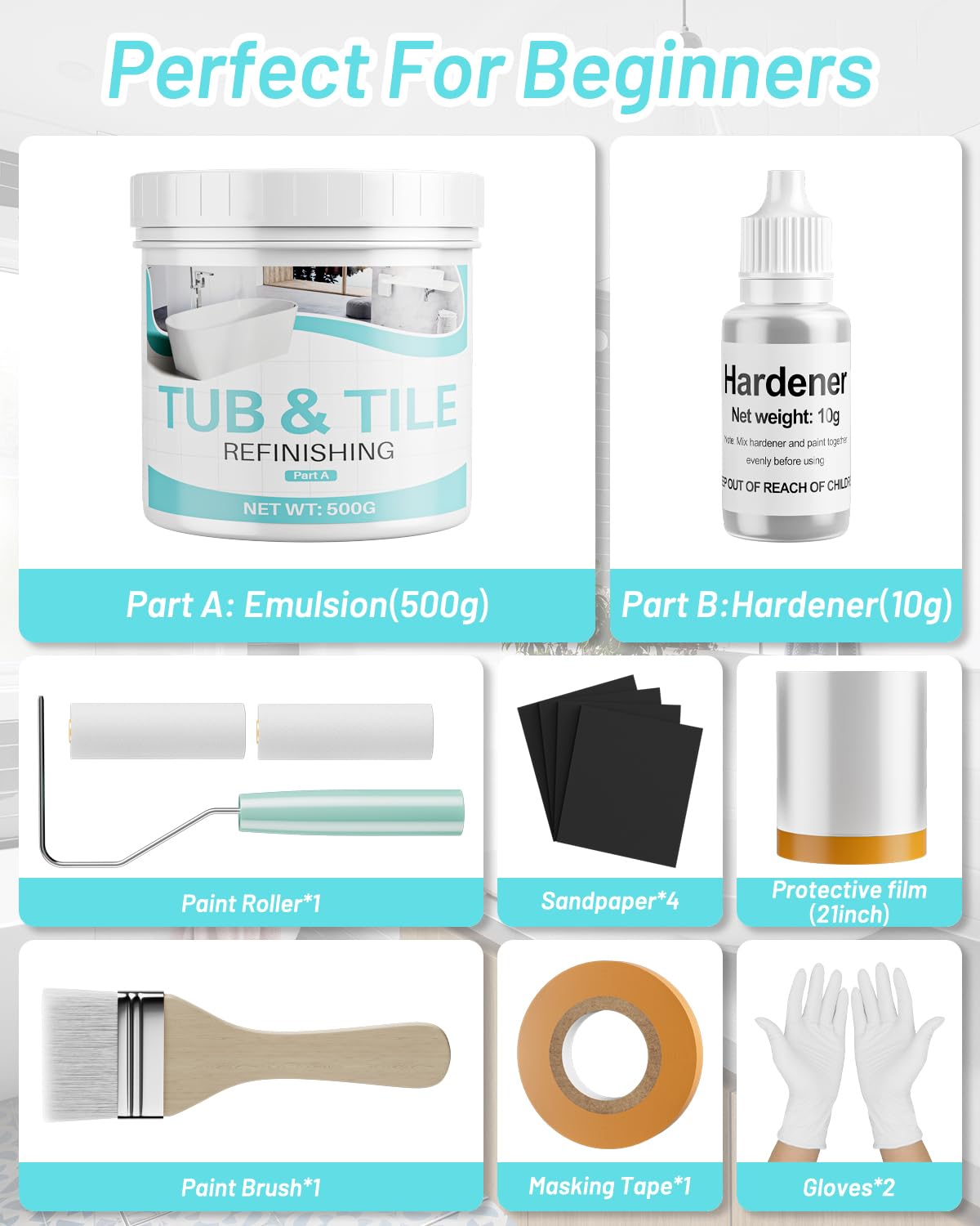 Xmntdo hardener and paint mix shown for durable tile refinishing.