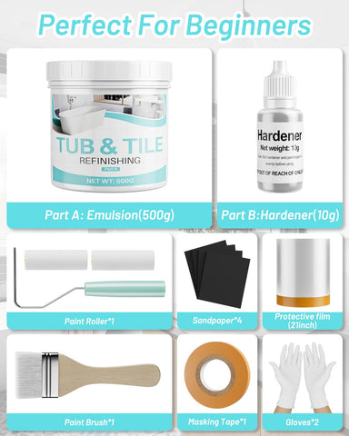 Xmntdo hardener and paint mix shown for durable tile refinishing.