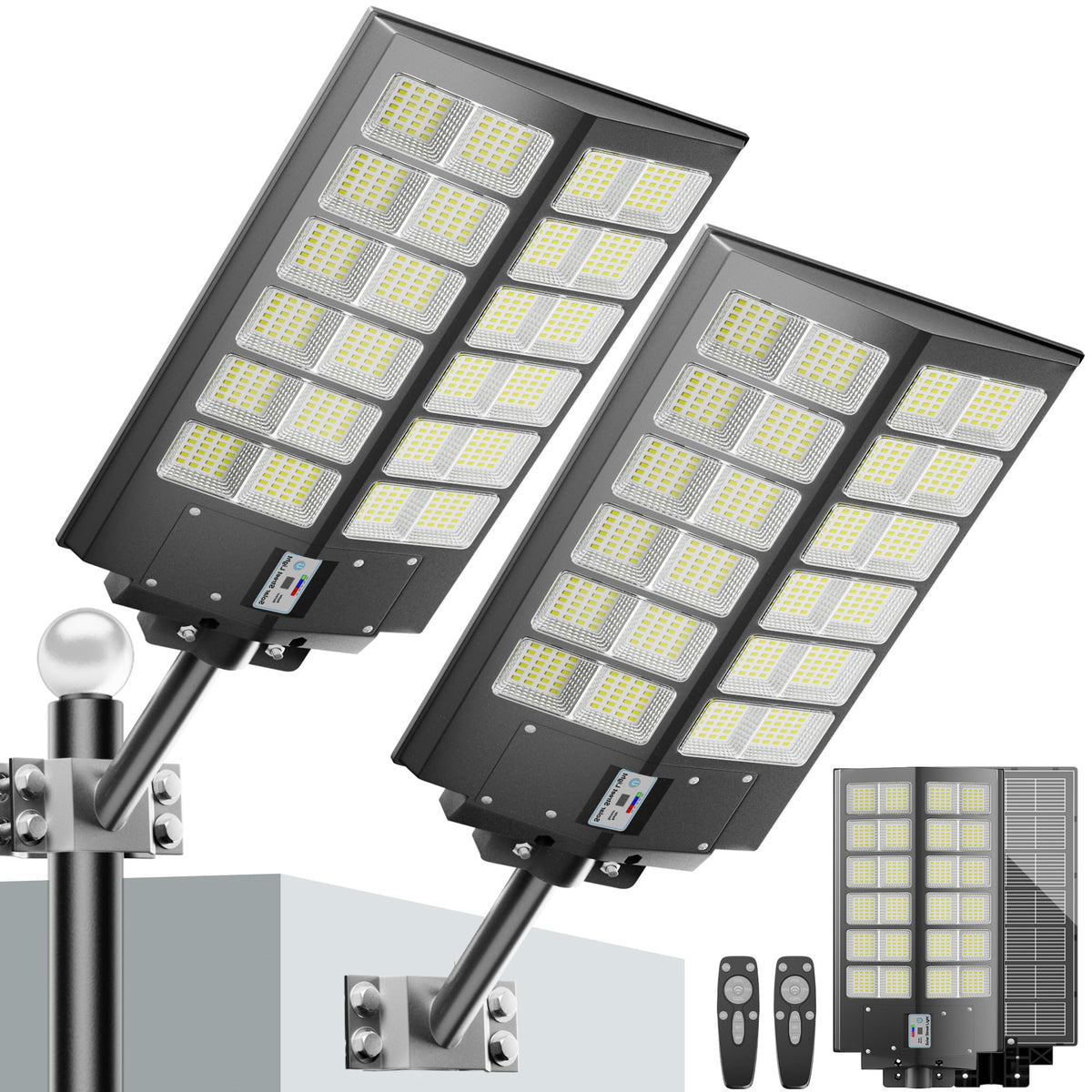 XMPTYN solar street light front view showcases rugged design for large parking areas.