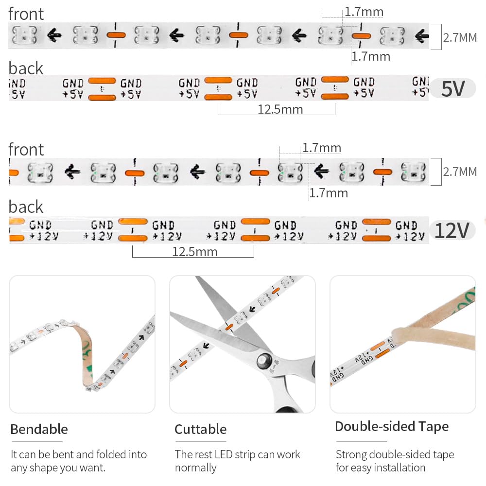 Xnbada LED strip cuttable at 12.5mm for custom lengths.