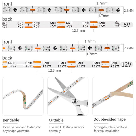 Xnbada LED strip cuttable at 12.5mm for custom lengths.