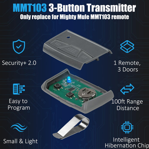 XNGQUEY MMT103 remote highlighting 100 ft range for reliable gate access.