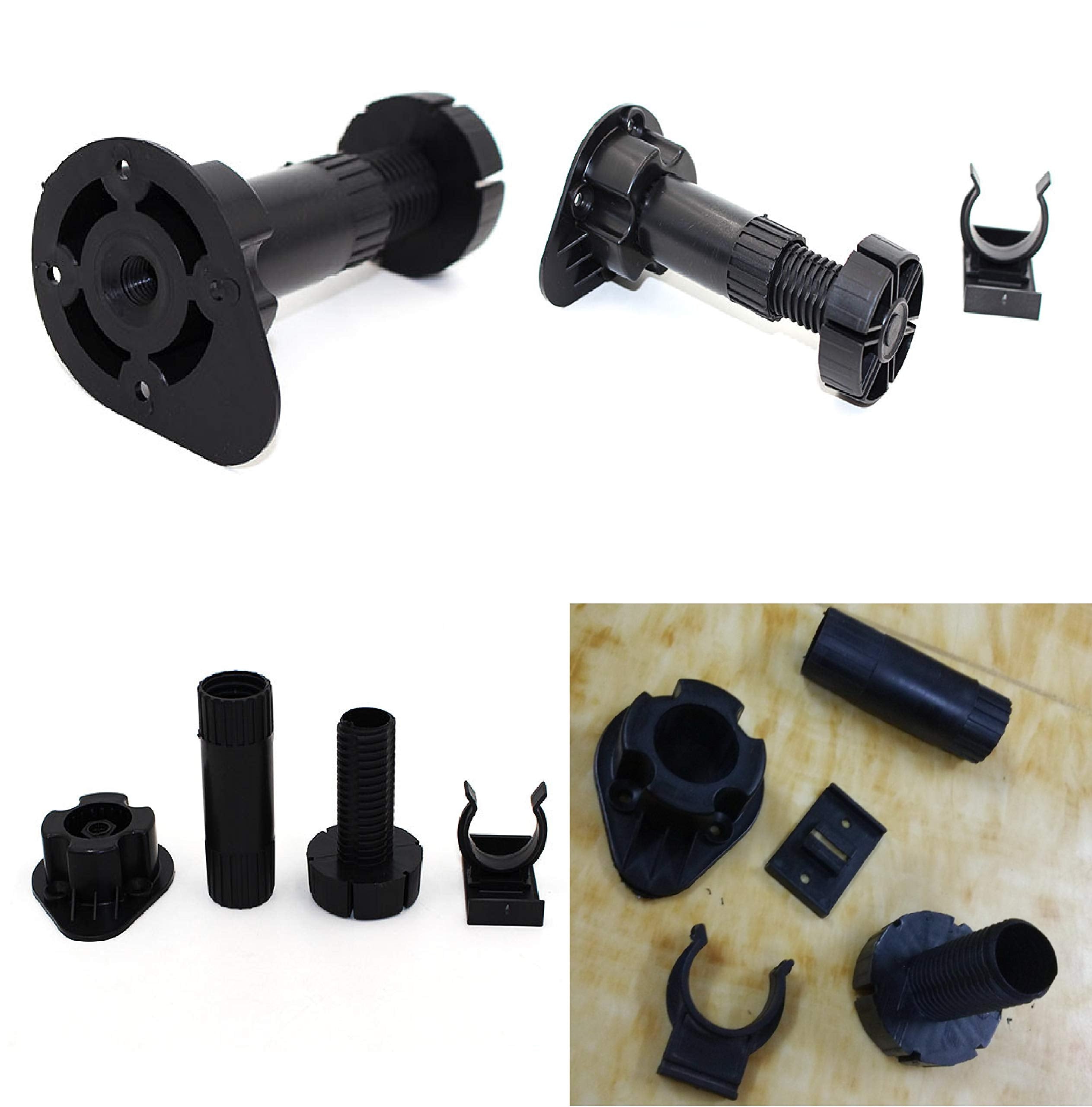 Xntun black furniture leg on uneven floor illustrating leveling capability.