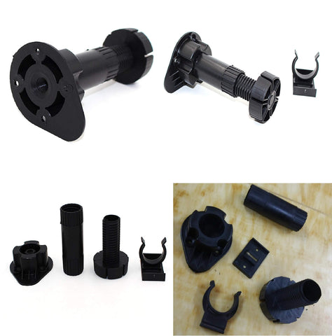 Xntun black furniture leg on uneven floor illustrating leveling capability.