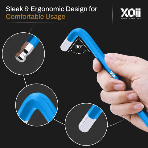 Xoii ball-end hex keys improve access on angled fasteners.