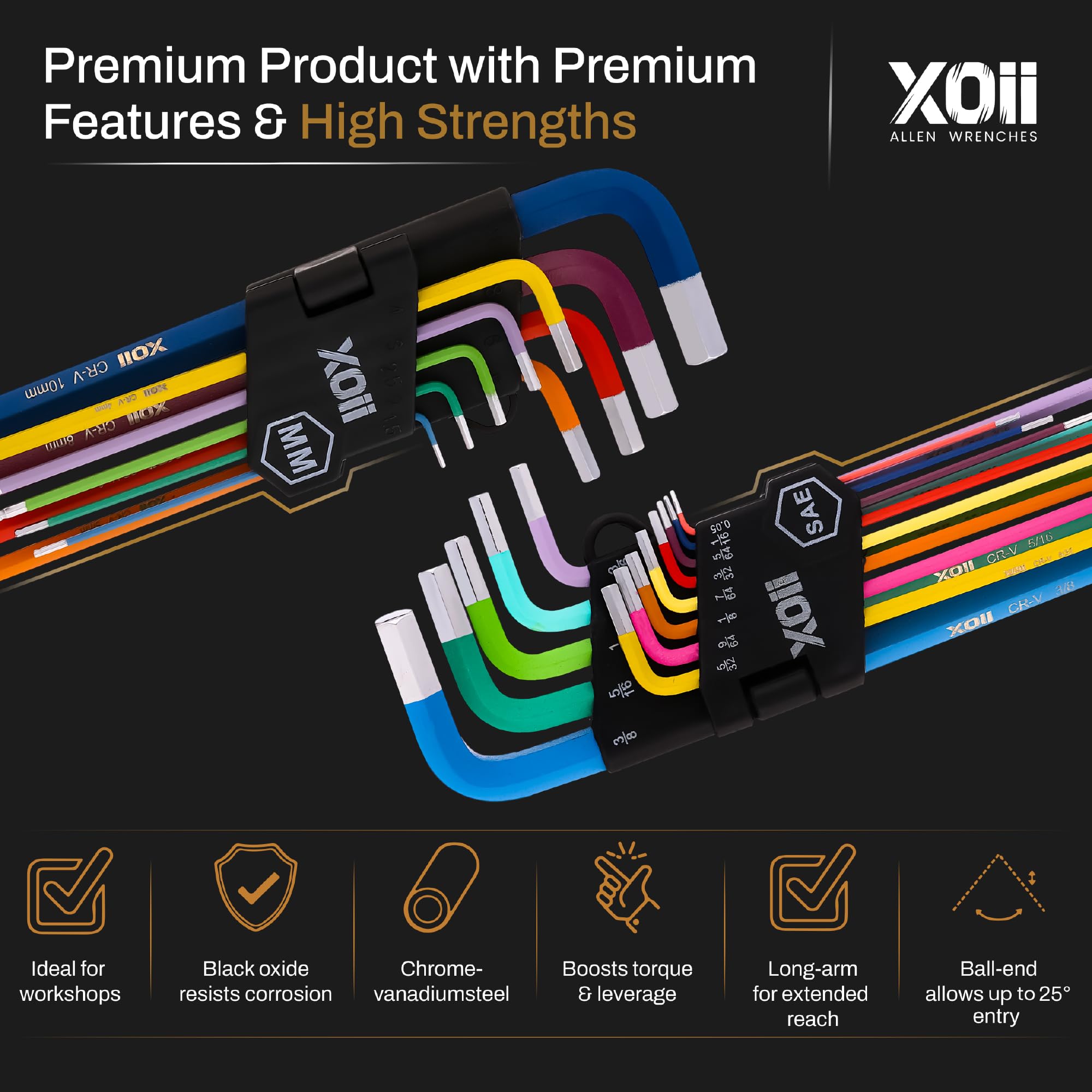 Xoii wrenches with color-coded sleeves for quick size identification during tasks.