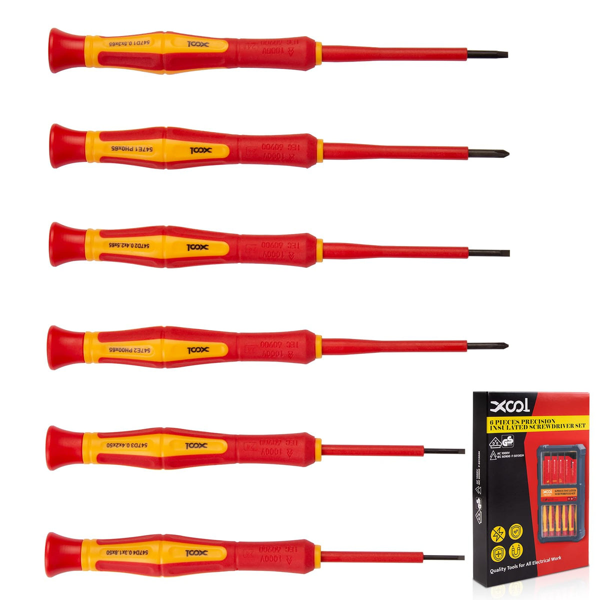 XOOL 6-piece insulated screwdriver set laid out for quick selection and safety