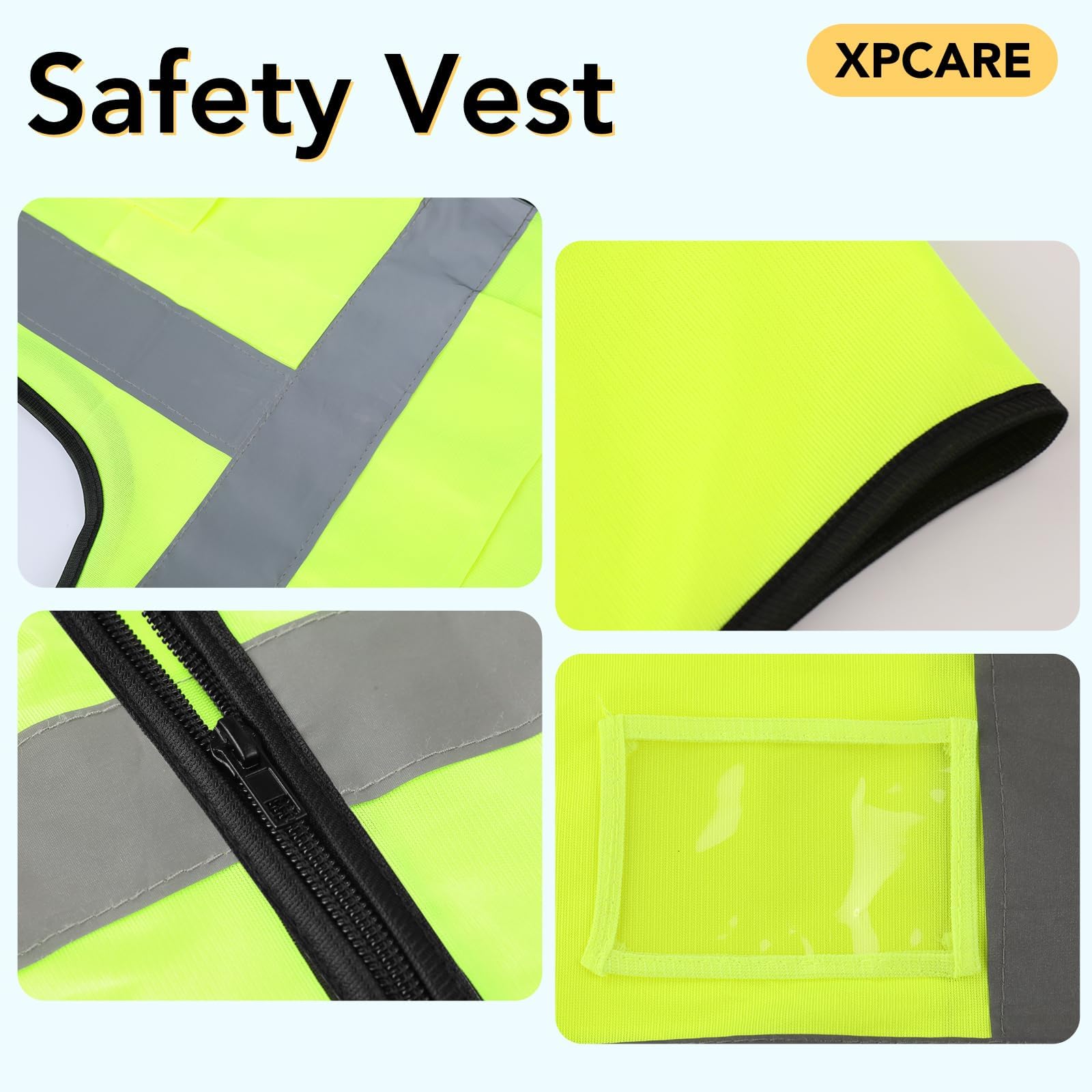 XPCARE hi-vis vest back view showing 360° reflective strips for all-around safety.