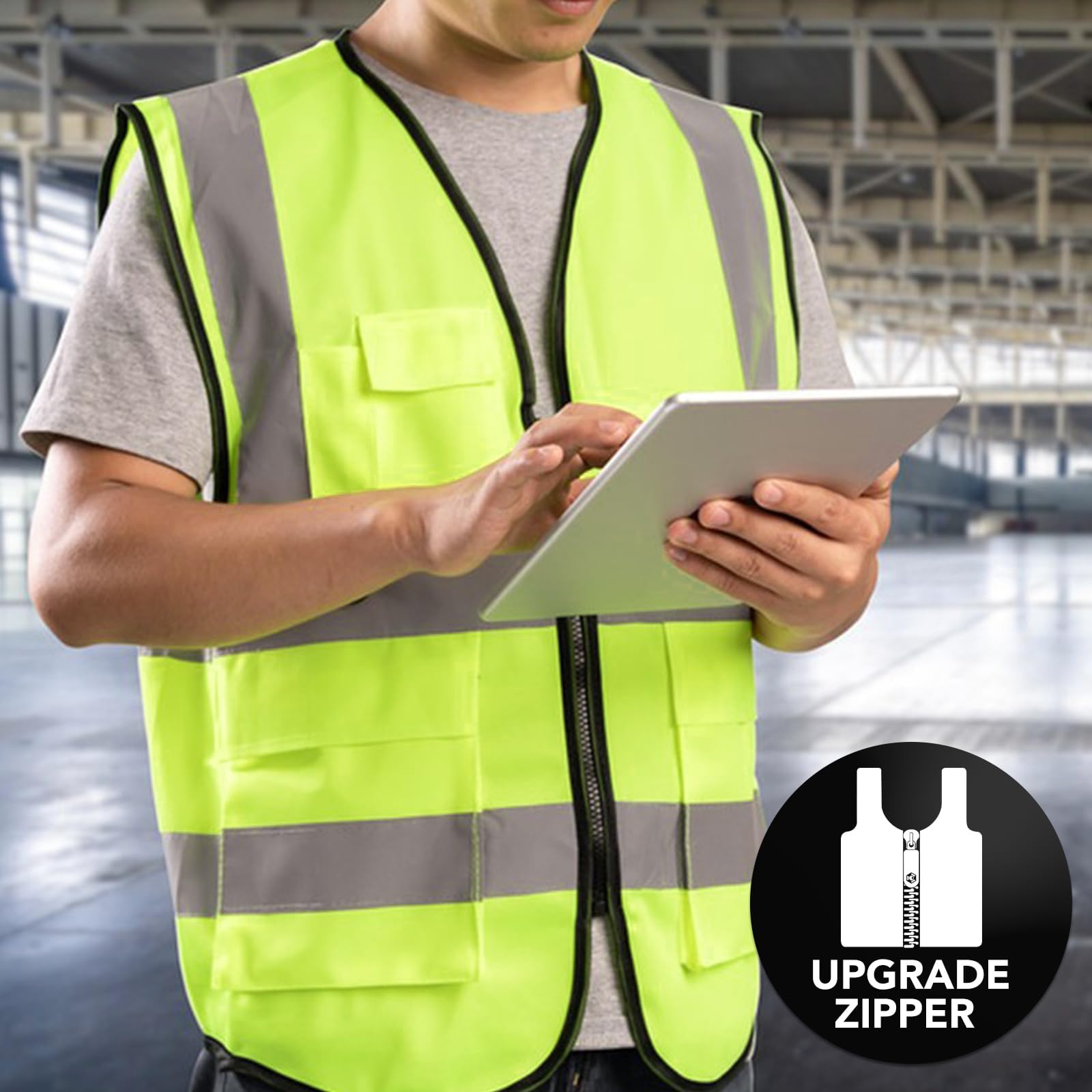 XPCARE hi-vis vest fabric close-up shows durable, breathable polyester material.