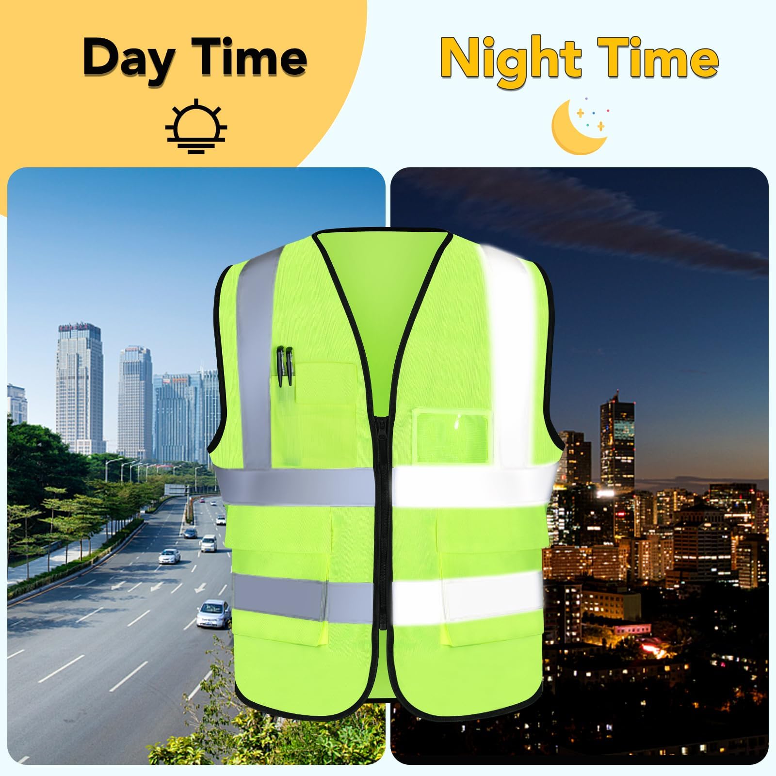 XPCARE hi-vis vest worn side view demonstrates unisex fit for men and women.