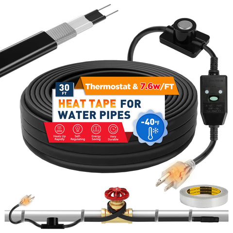 XPORTION heat tape applied to a water pipe for freeze protection outdoors.