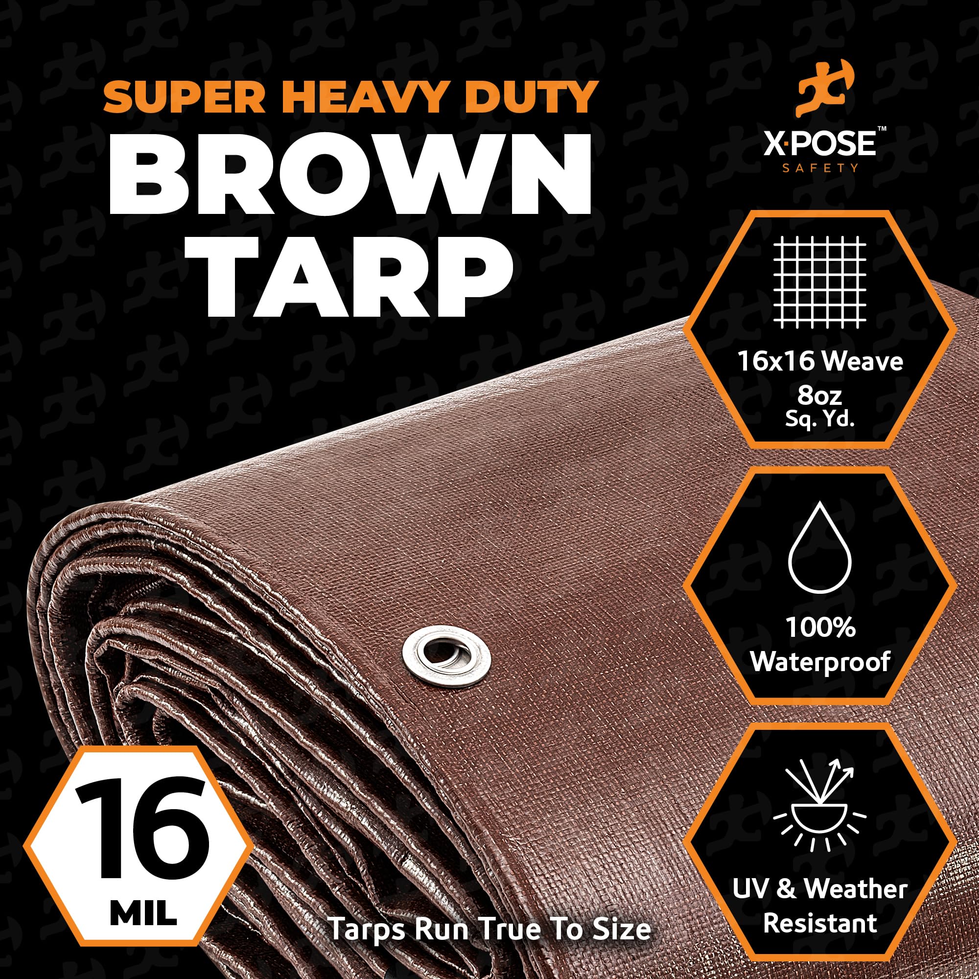 Xpose Safety brown poly tarp with metal grommets enables quick securement.