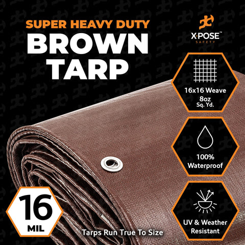 Xpose Safety brown poly tarp with metal grommets enables quick securement.