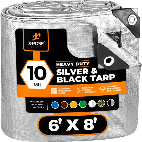Xpose Safety heavy-duty tarp 6x8 cover in silver and black, durable weather protection.