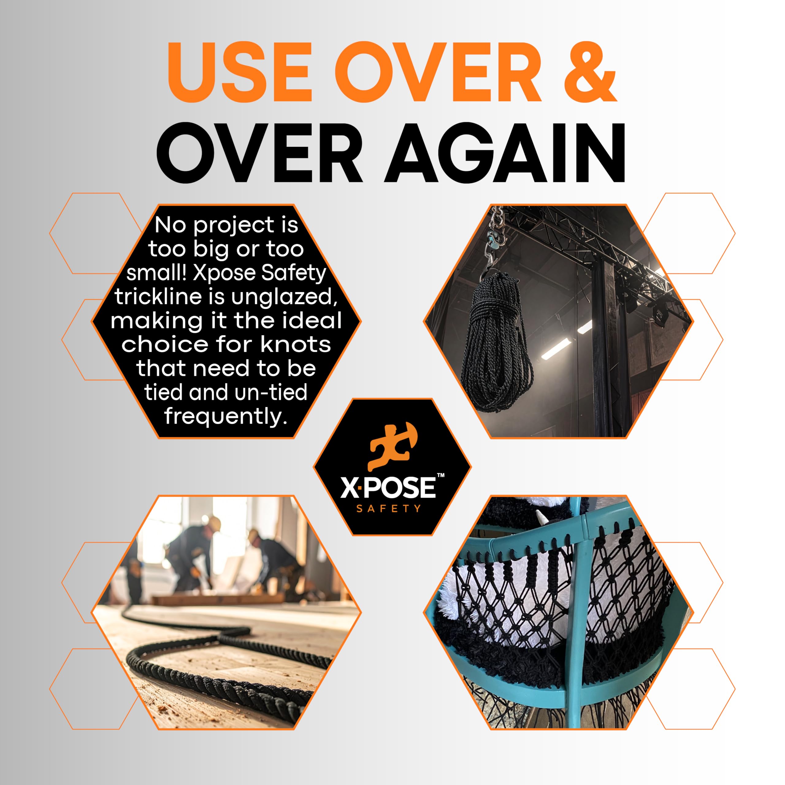 Xpose Safety heavy-duty trickline rope supporting rigging tasks