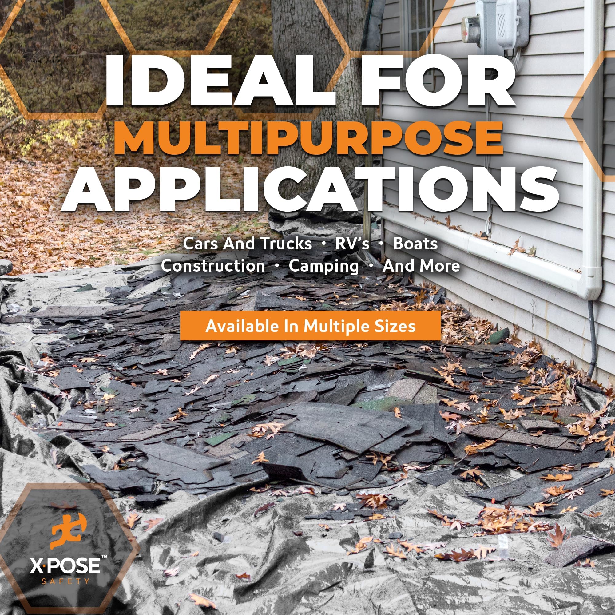 Xpose Safety tarp available in multiple sizes from 5x7 ft to 100 sq ft.