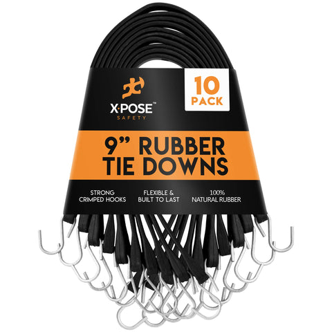 Xpose Safety rubber bungee cords with hooks, 9 inch length, ideal for tarps and motorcycles.