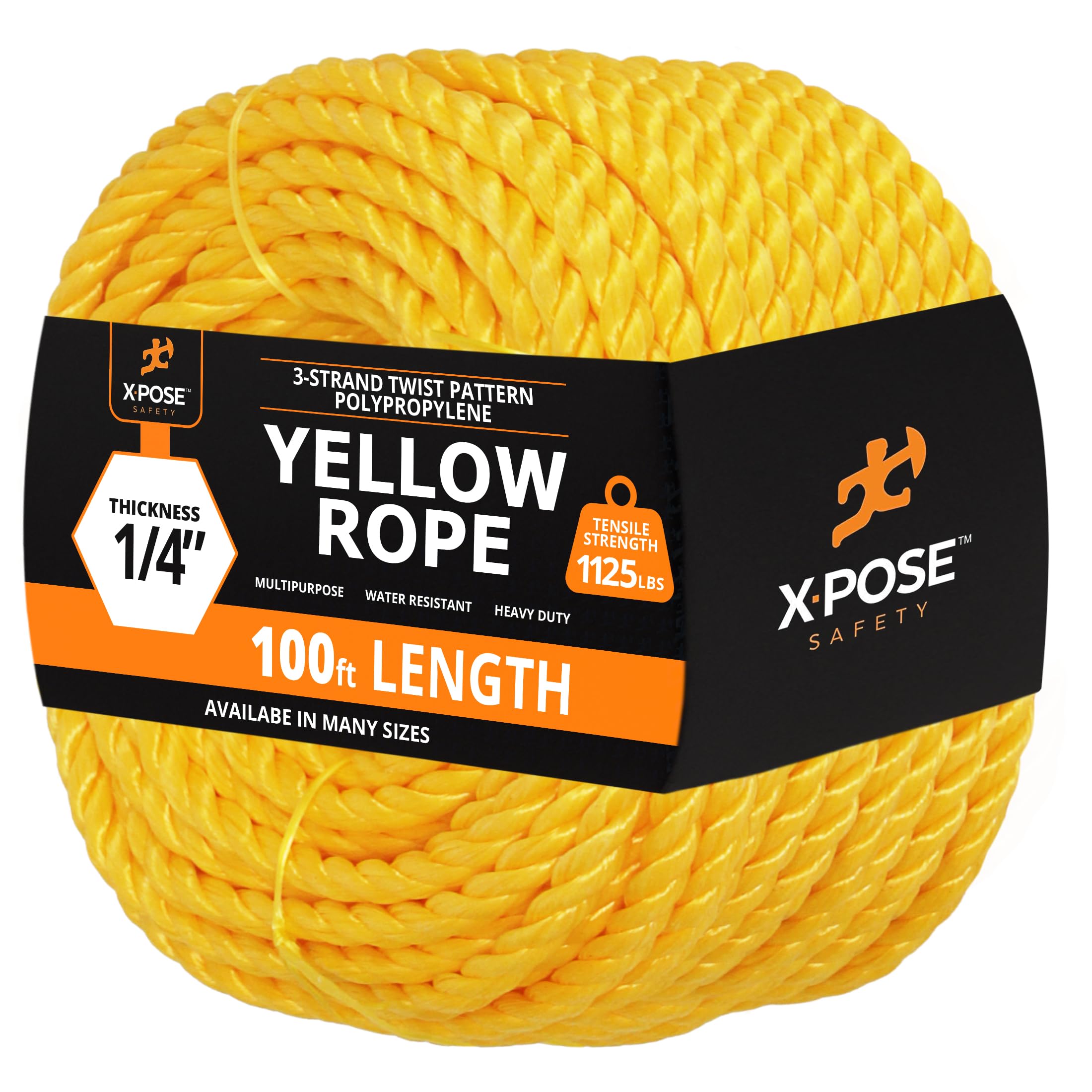 Xpose Safety yellow twisted polypropylene rope, 1/4in, 100ft, high visibility for outdoor tasks.