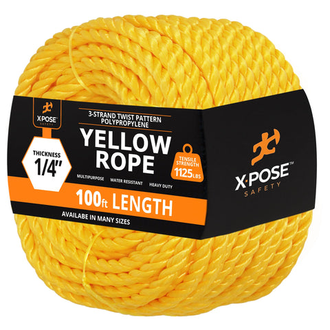 Xpose Safety yellow twisted polypropylene rope, 1/4in, 100ft, high visibility for outdoor tasks.