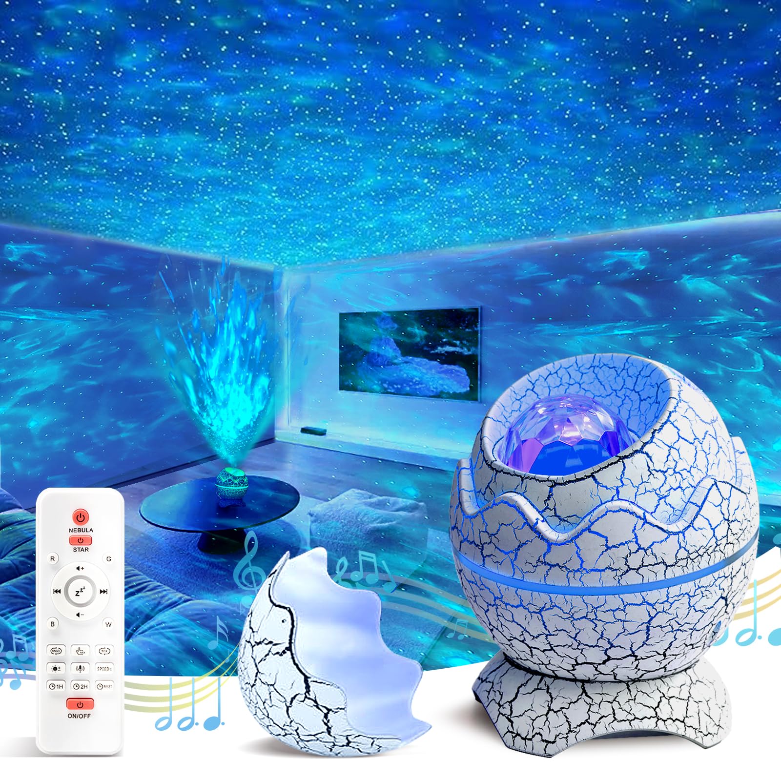 XQBX Dinosaur Egg Galaxy Projector in bedroom creates relaxing night ambiance