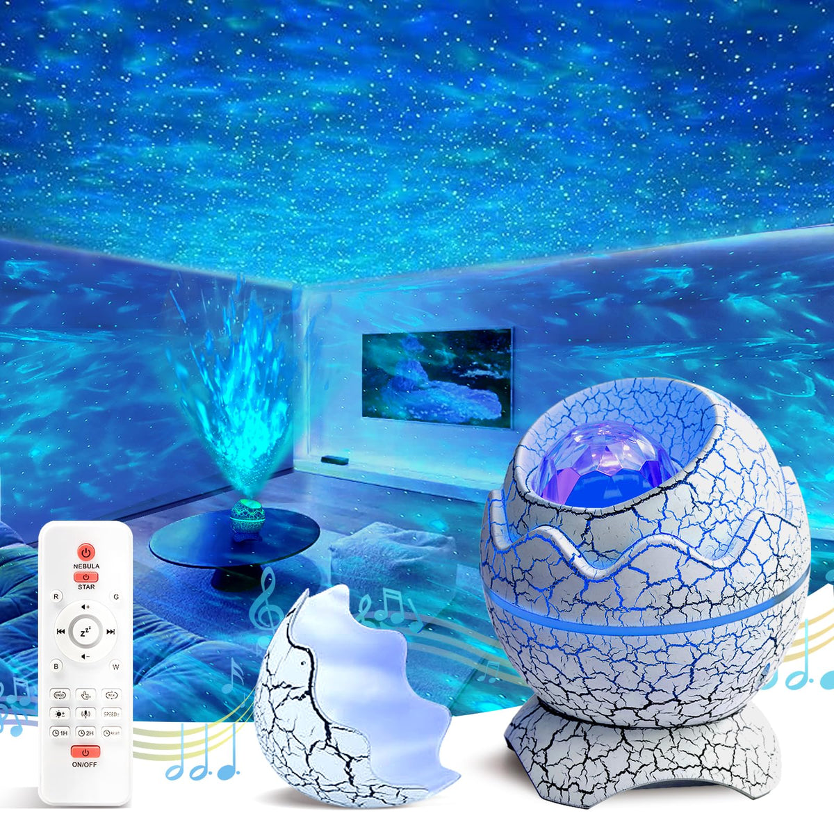 XQBX Dinosaur Egg Galaxy Projector in bedroom creates relaxing night ambiance