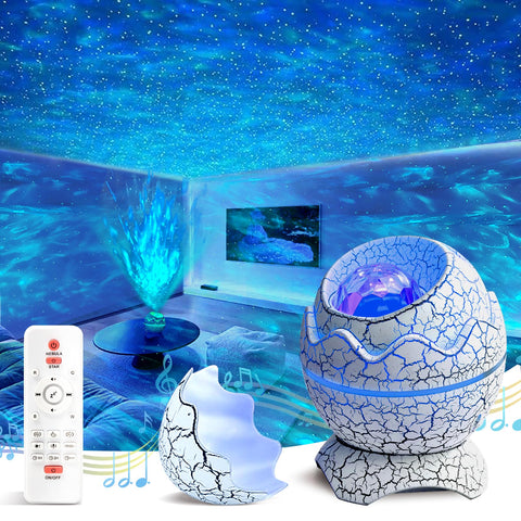 XQBX Dinosaur Egg Galaxy Projector in bedroom creates relaxing night ambiance