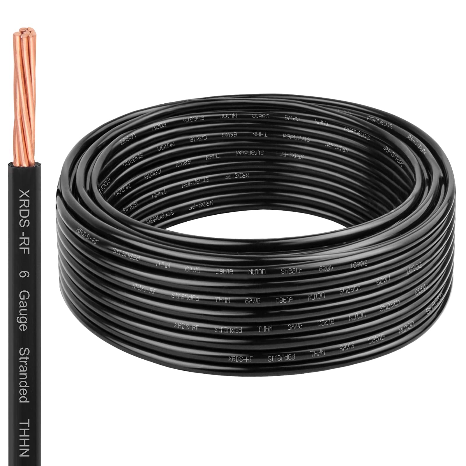 XRDS-RF THHN wire with copper stranded core and black nylon coating for easy conduit pulling.
