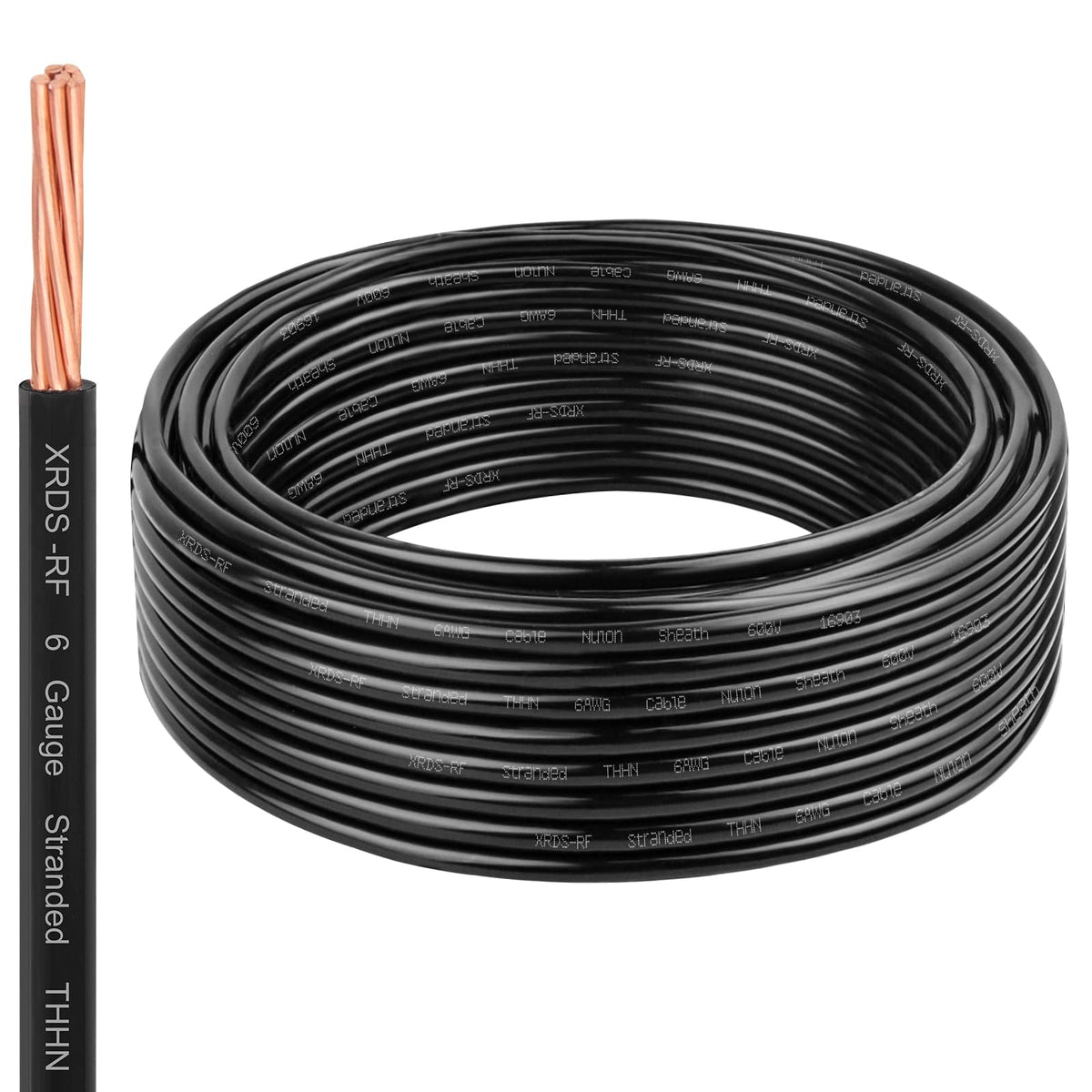 XRDS-RF THHN wire with copper stranded core and black nylon coating for easy conduit pulling.
