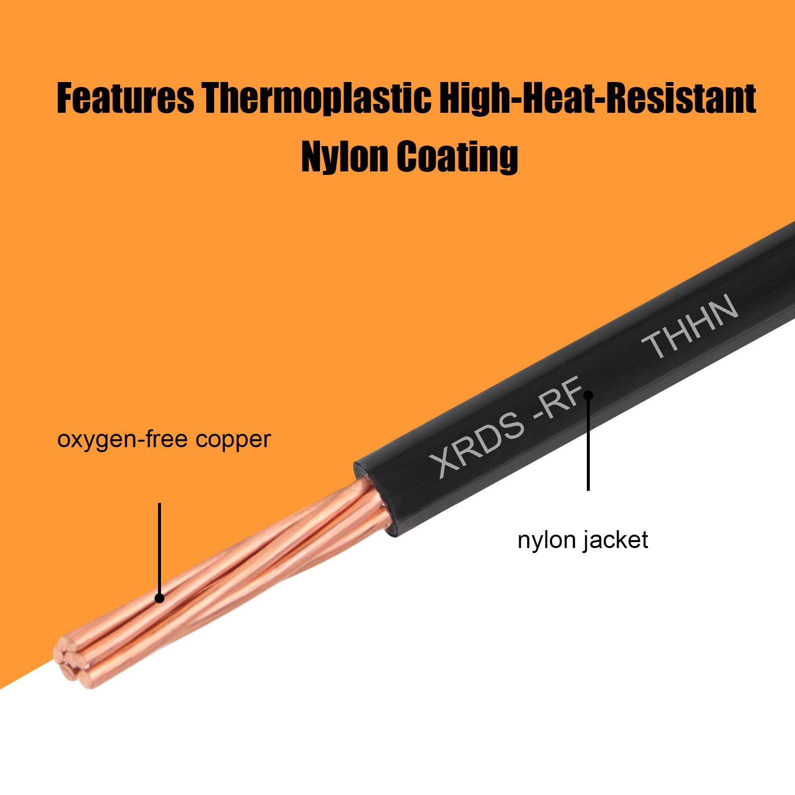 XRDS-RF THHN wire showing heat-resistant PVC insulation for dry location use.
