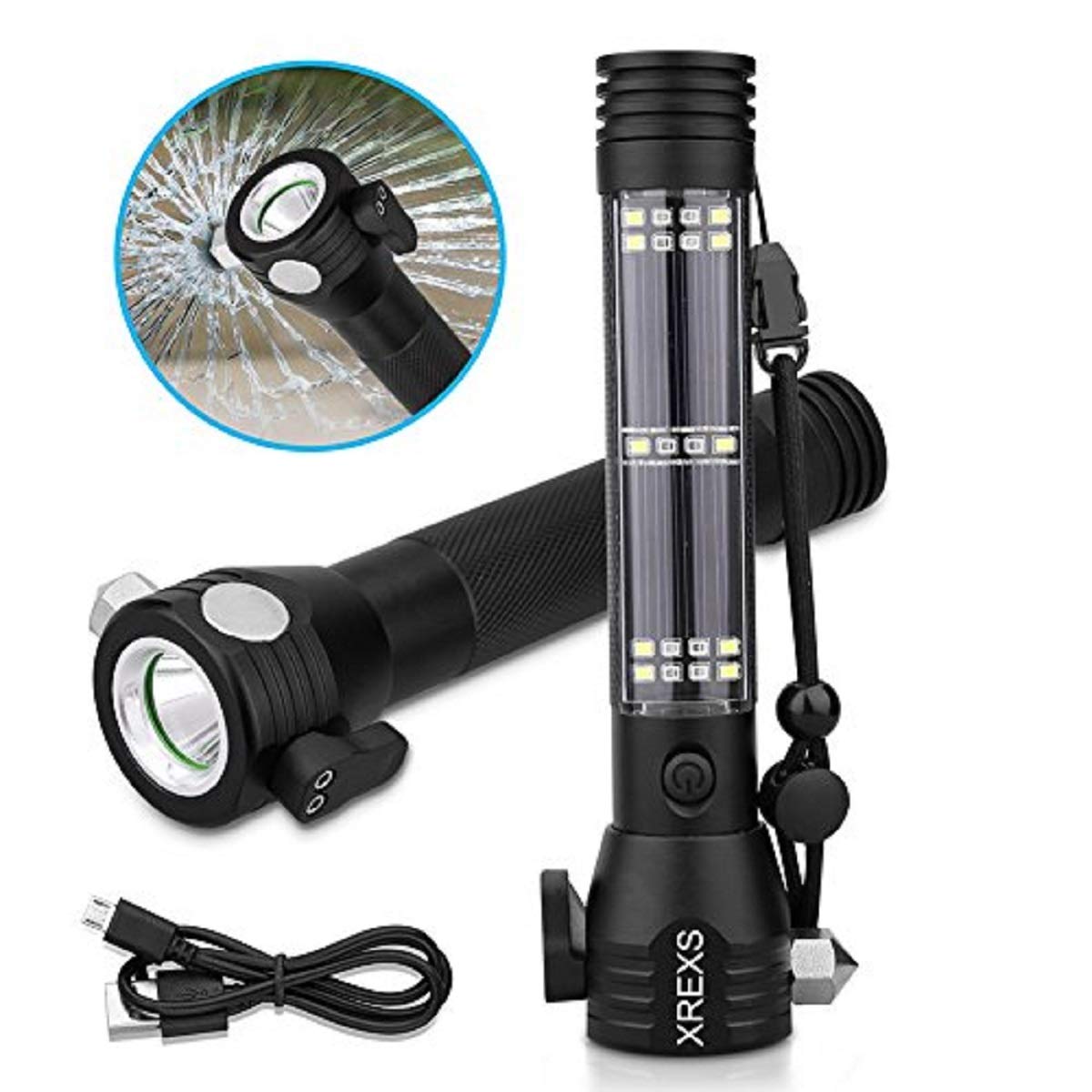 XREXS solar USB LED flashlight, headlamp high beam for night visibility and safety